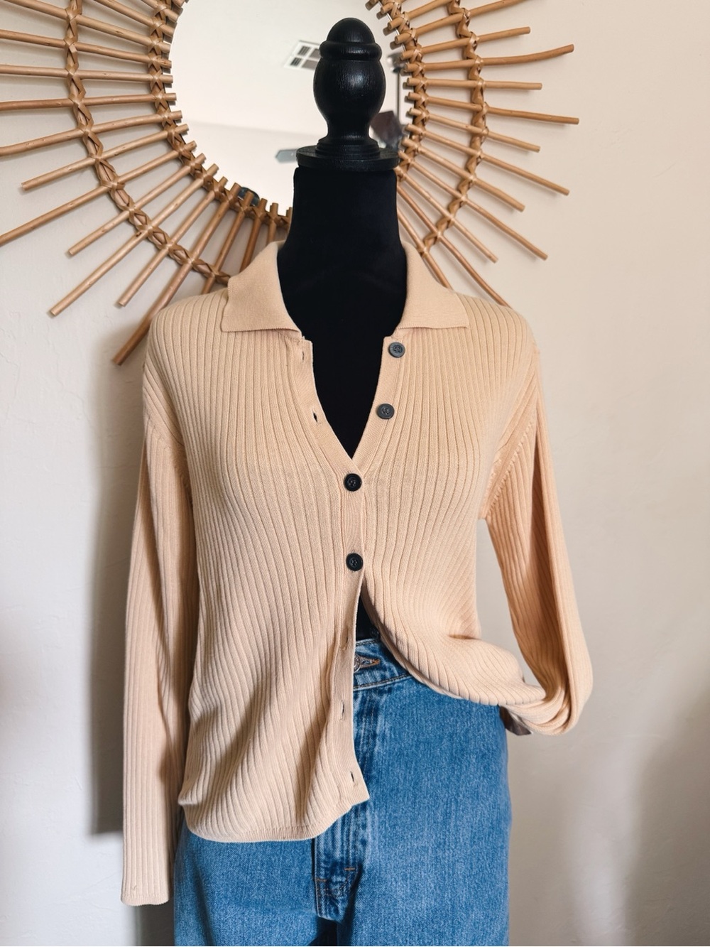 Ribbed Button-Up Polo Top in Butter